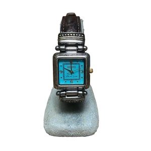Vintage Ecclissi 925 Sterling Silver Womens Turquoise Dial Leather Strap